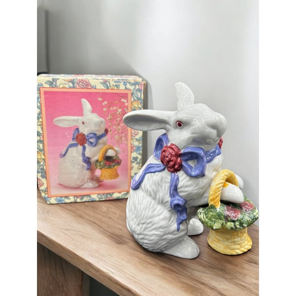 Vintage Porcelain Easter Bunny Rabbit Figurine with bow and Basket